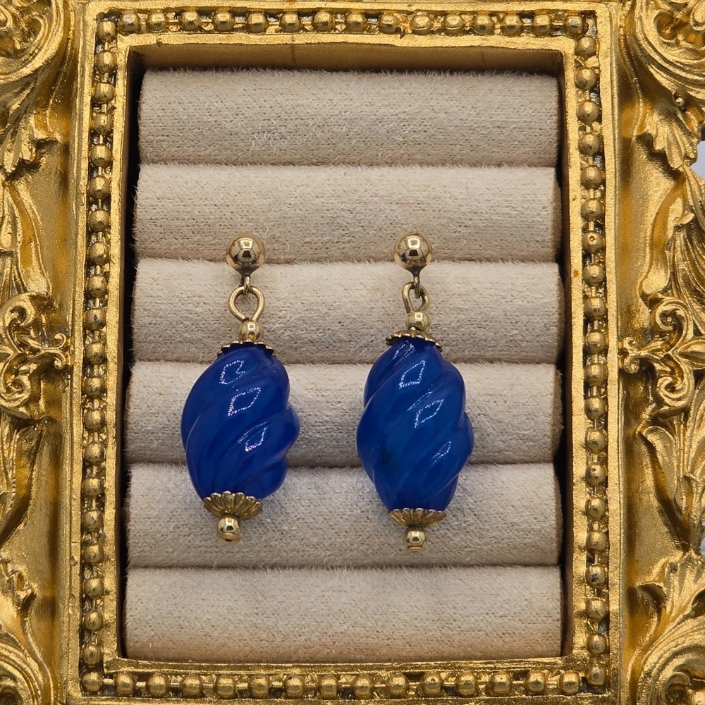 Vintage Cobalt Blue Swirl Earrings 14K GF Post Dangle Signed - Picture 2 of 8